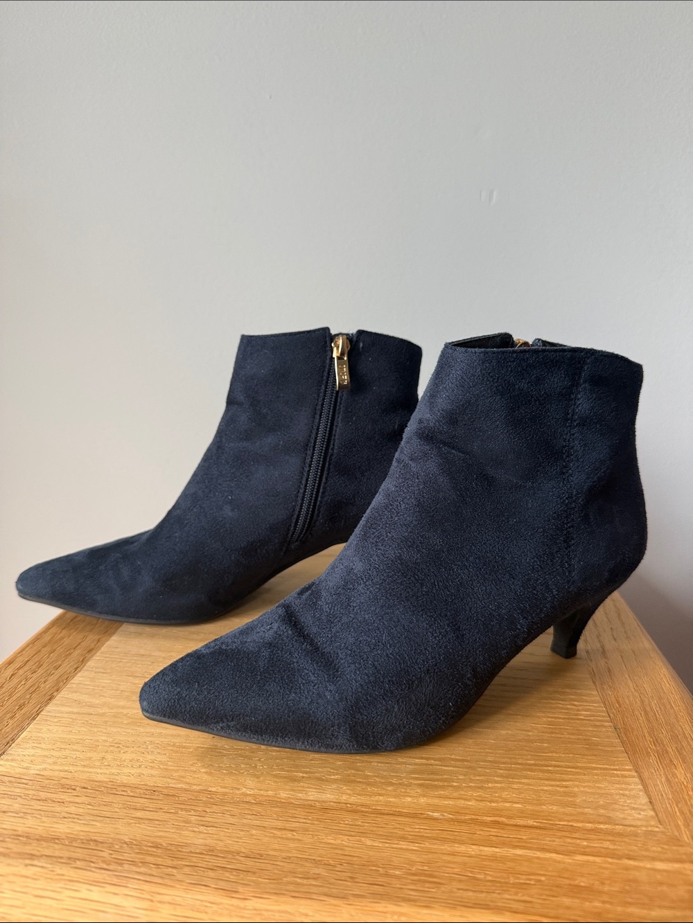 Women's Navy Suede Pointed Ankle Booties with Kitten Heel